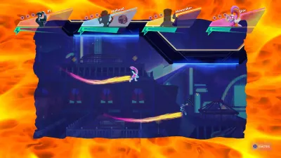 Four runners racing through a volcanic city map in SpeedRunners 2