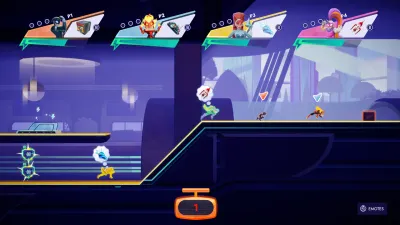 Four beginners racing across city rooftops at dusk in SpeedRunners 2