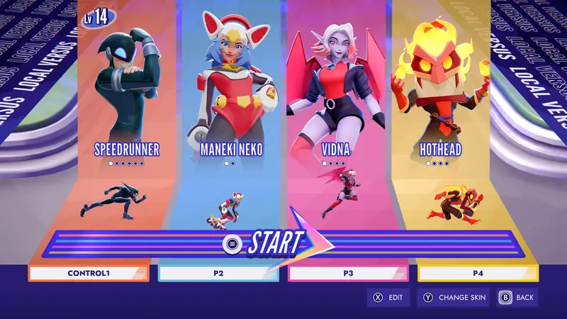 SpeedRunners 2 character select screen with on-screen control hints
