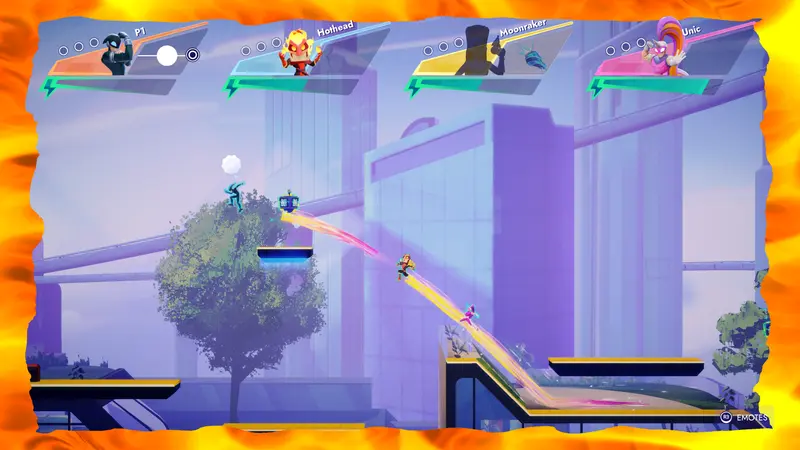 A grapple swing carrying a runner across a gap in SpeedRunners 2