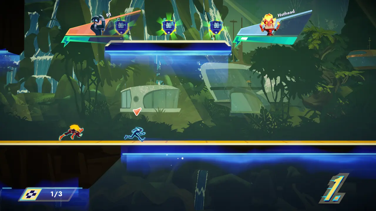 SpeedRunners 2 runners fighting for the lead near the finish line