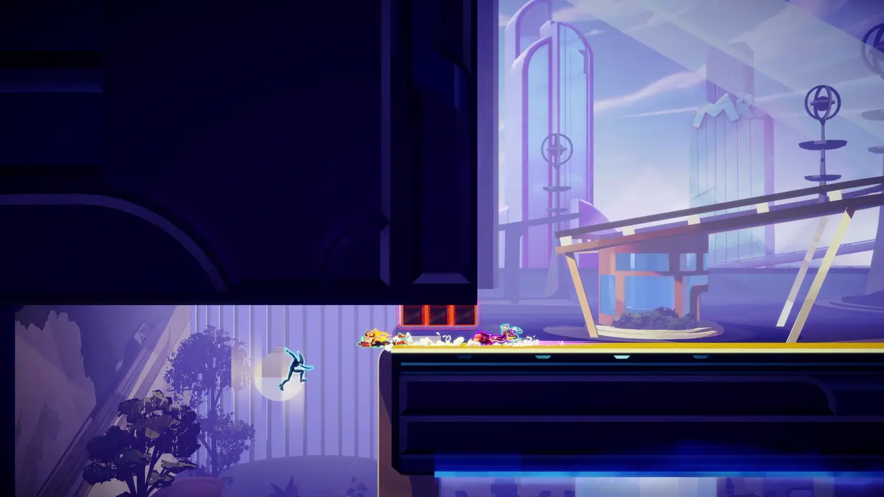 A SpeedRunners 2 runner mid-jump on a dark industrial course